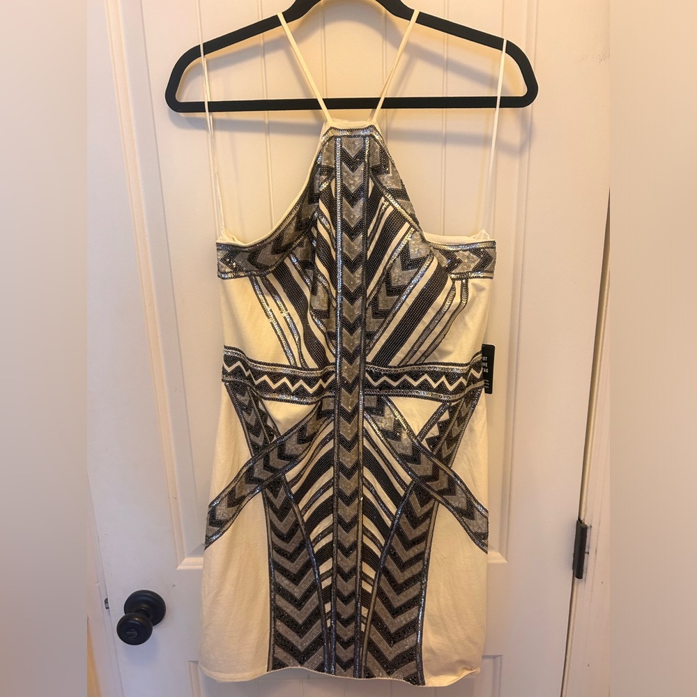 Elegant Cream and Silver Geometric Dress